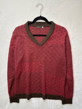 Men's Red Patterned V-Neck Sweater with Brown Trim